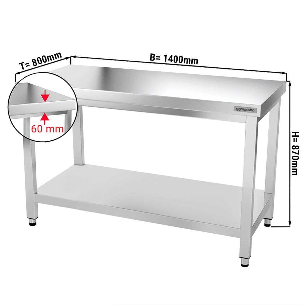 Edelstahl Arbeitstisch PREMIUM - 1400x800mm - mit Grundboden ohne Aufkantung