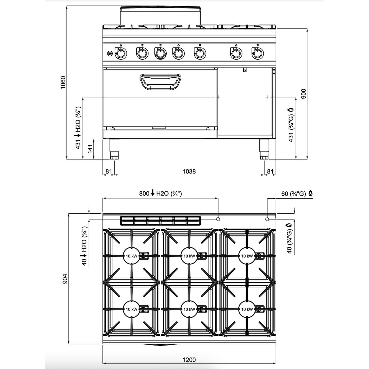 Gasherd - mit 6 Brennern - 60 kW - inkl. Gasbackofen - 7,8 kW - Hochleistungsmodell