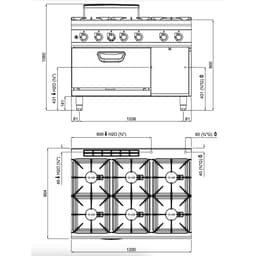 Gasherd - mit 6 Brennern - 60 kW - inkl. Gasbackofen - 7,8 kW - Hochleistungsmodell