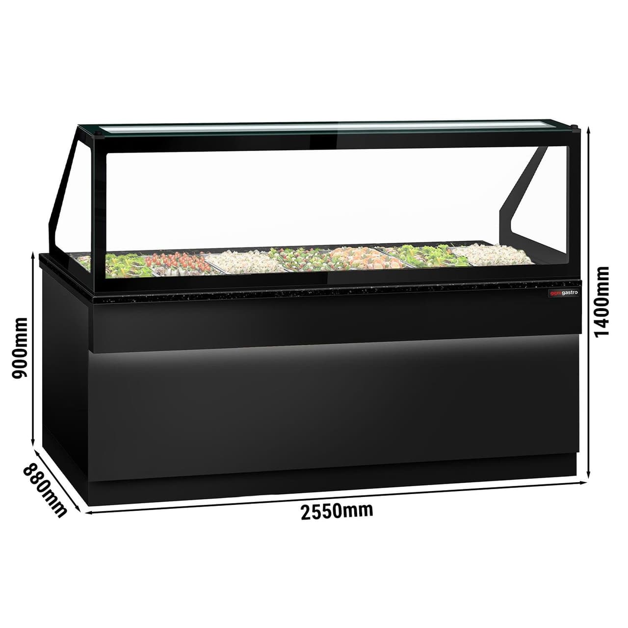 Saladette TORONTO - 2550mm - schwarze Front - 4 Türen - für 6x GN 1/1 - schwarze Granit-Arbeitsplatte