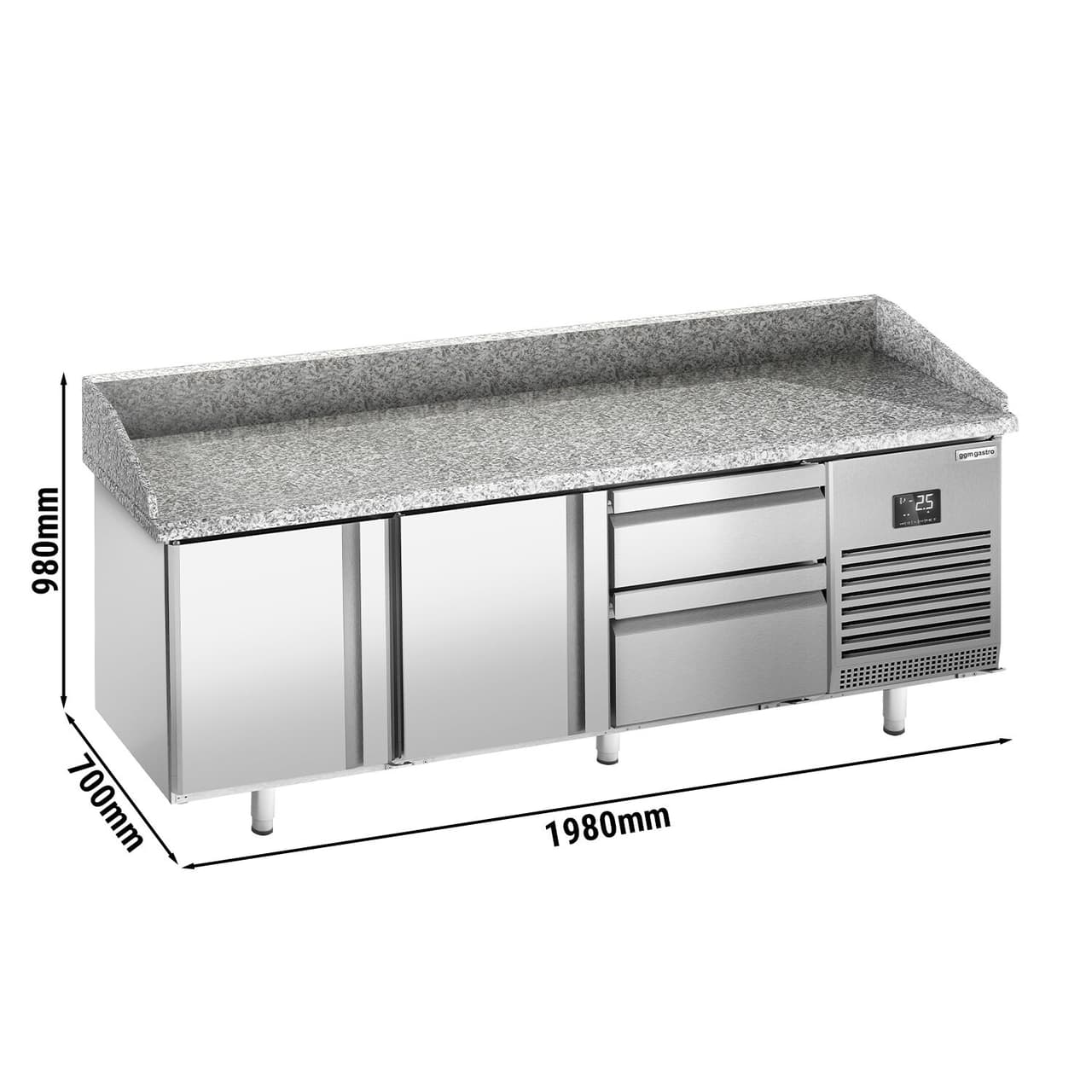 Pizzakühltisch Premium PLUS - 1980x700mm - mit 2 Türen & 2 Schubladen