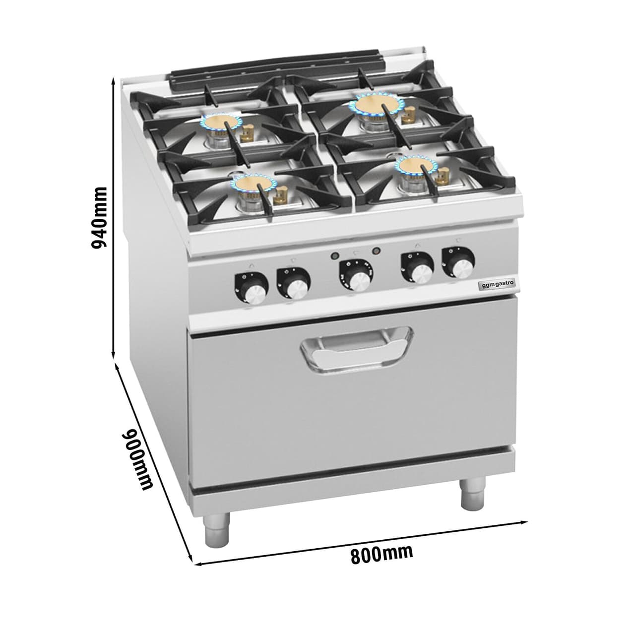 Gasherd - mit 4 Brennern - 28 kW - inkl. Elektrobackofen - 4,68 kW