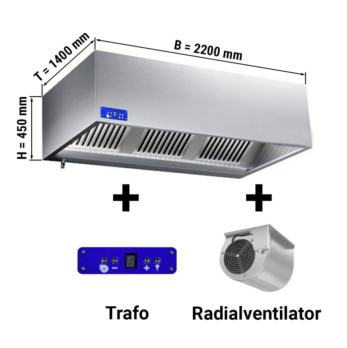 Kastenhaube 2,2 m - mit Motor, Regler, Filter und Lampe