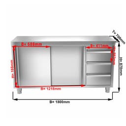 Edelstahl Arbeitsschrank PREMIUM - 1800x700mm - mit 3 Schubladen rechts ohne Aufkantung