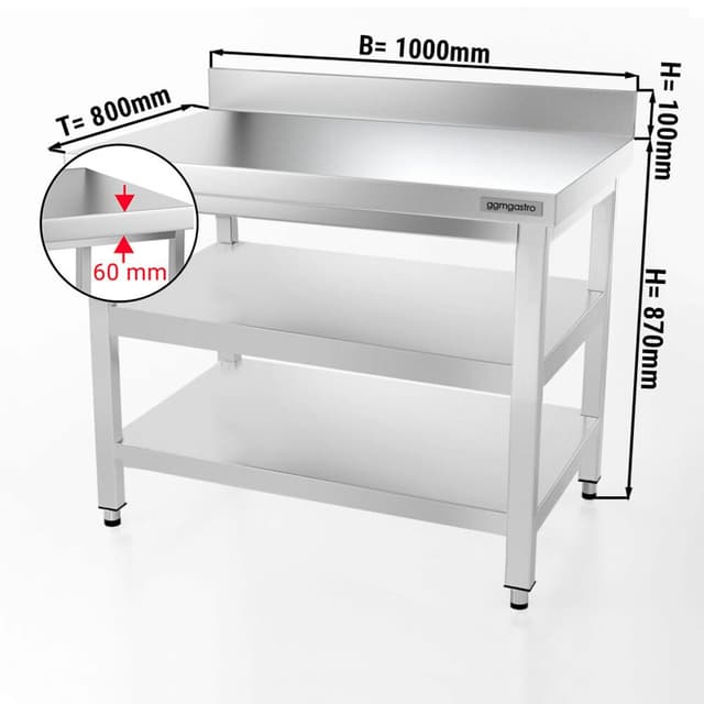 Edelstahl Arbeitstisch PREMIUM - 1000x800mm - mit Grundboden, Aufkantung & Zwischenboden