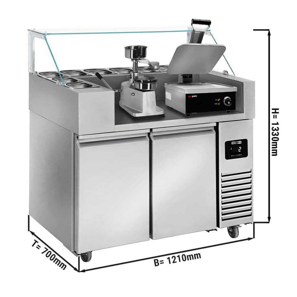 Zubereitungstisch - 1210mm - 2 Türen - für 9x GN 1/6 - inkl. Kontaktgrill & Hamburgermaschine