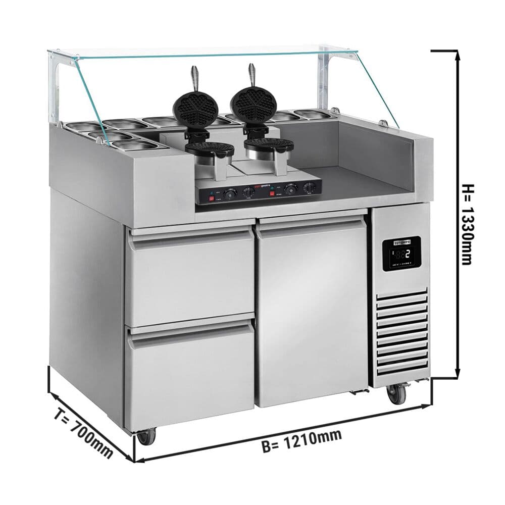 Zubereitungstisch - 1210mm - 1 Tür & 2 Schubladen - für 9x GN 1/6 - inkl. Waffeleisen - Herzform