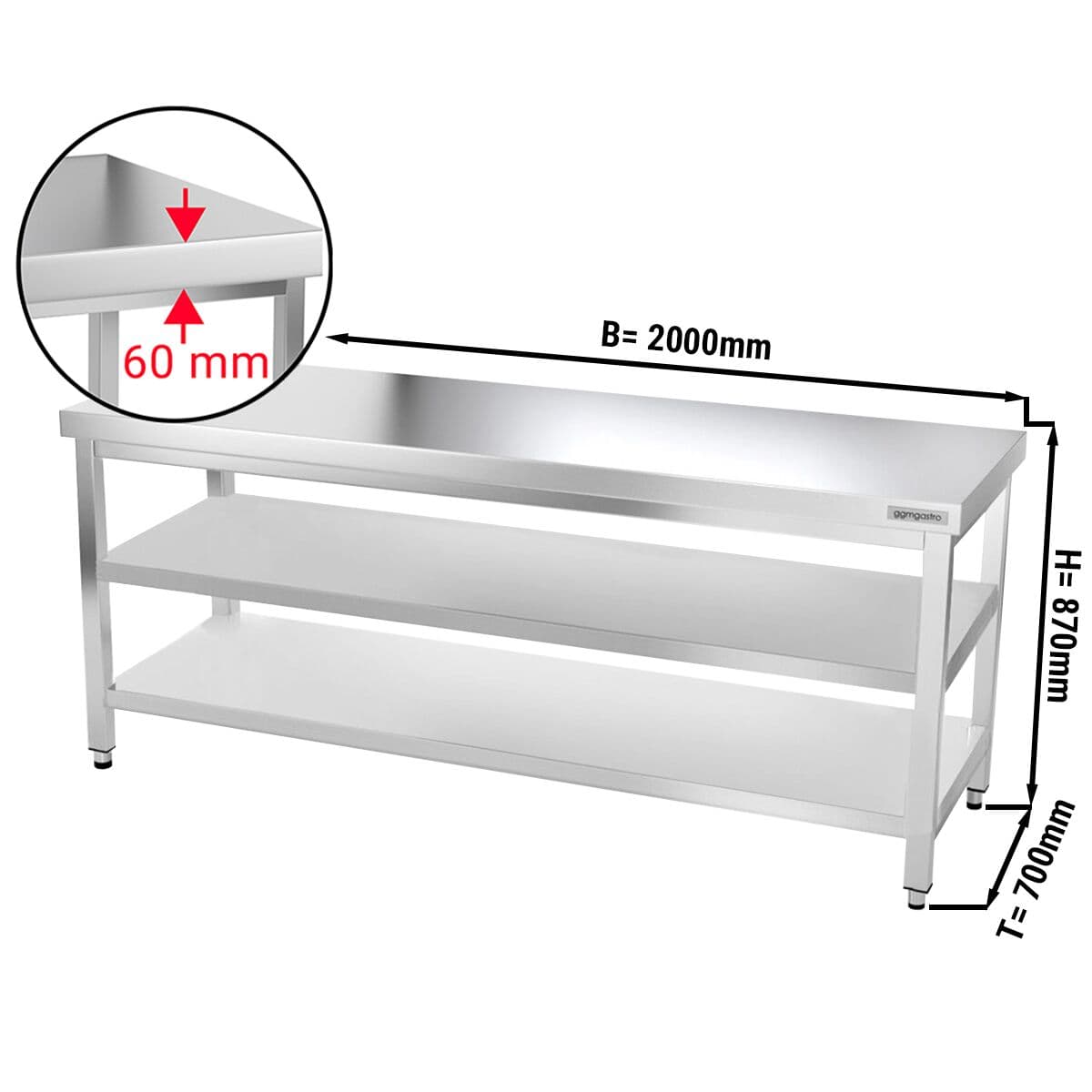 Edelstahl Arbeitstisch PREMIUM - 2000x700mm - mit Grundboden & Zwischenboden