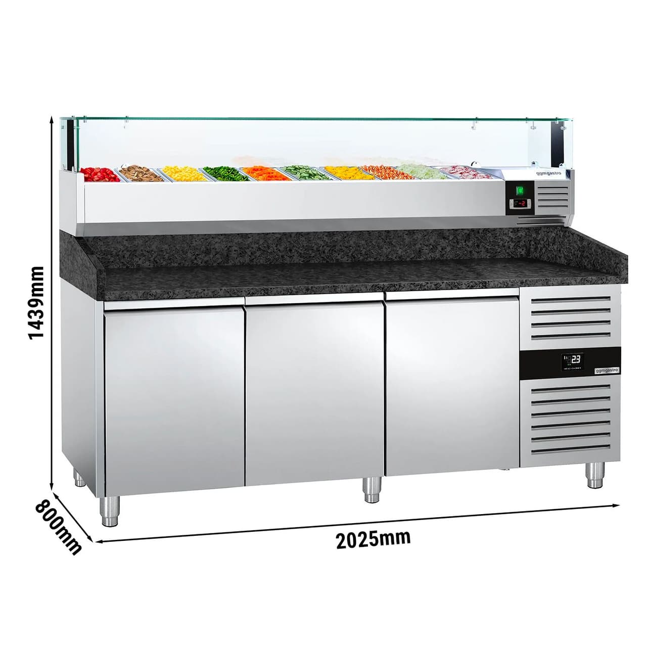 Pizzakühltisch PREMIUM - 2000x800mm - mit 3 Türen - inkl. Kühlaufsatzvitrine LED - 10x GN 1/4