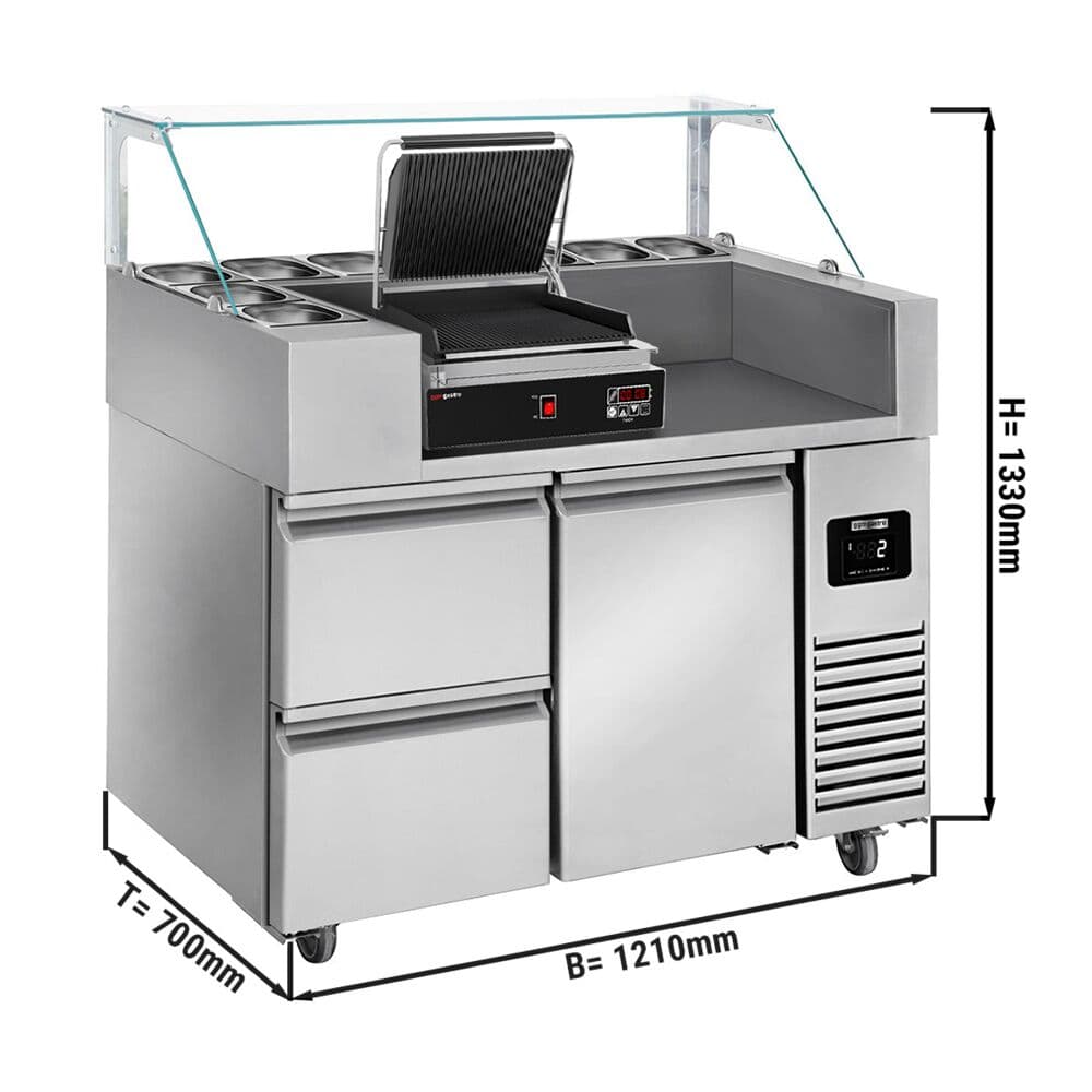 Zubereitungstisch - 1210mm - 1 Tür & 2 Schubladen - für 9x GN 1/6 - inkl. Digitalem Kontaktgrill