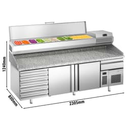 Pizzakühltisch Premium PLUS - 2305x800mm - mit 2 Türen & 6 Schubladen - inkl. Kühlaufsatzvitrine - 10x GN 1/3