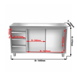 Edelstahl Arbeitsschrank PREMIUM - 1600x700mm - mit 3 Schubladen links ohne Aufkantung