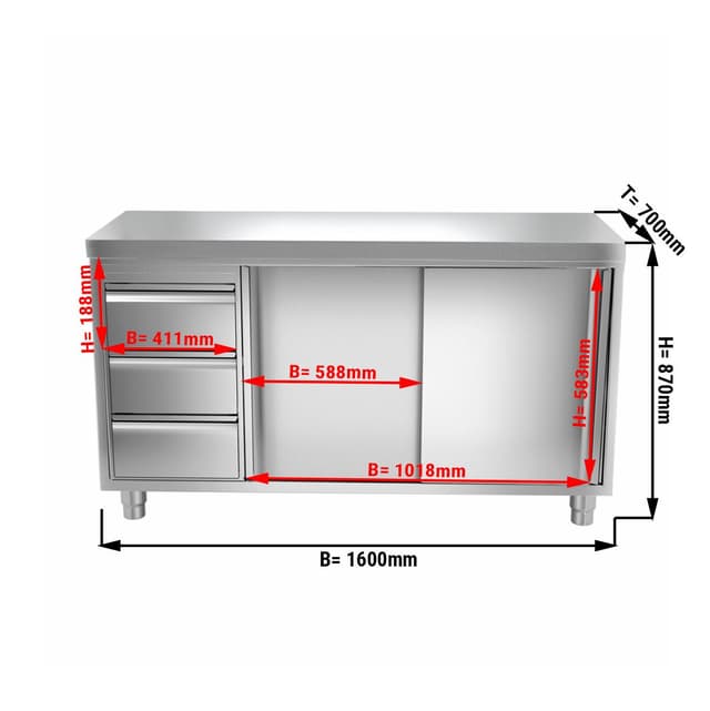 Edelstahl Arbeitsschrank PREMIUM - 1600x700mm - mit 3 Schubladen links ohne Aufkantung