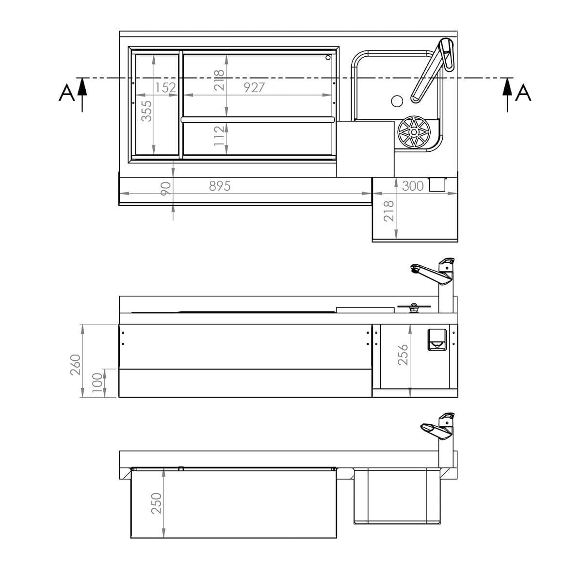 Bar- & Getränkekühltisch - 1600x600mm - 235 Liter - mit 3 Türen, Ablagen & Rollen - Für UK