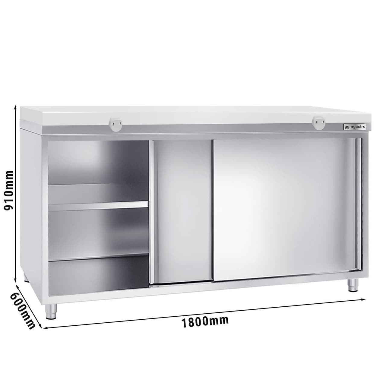 Edelstahl Arbeitsschrank PREMIUM - 1800x600mm - mit Schiebetür ohne Aufkantung inkl. Schneidplatte