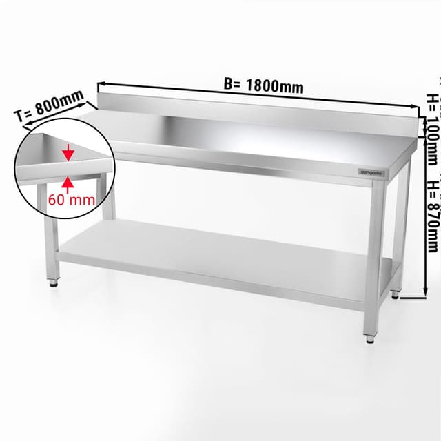 Edelstahl Arbeitstisch PREMIUM - 1800x800mm - mit Grundboden & Aufkantung