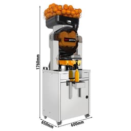 Elektrische Orangenpresse - mit automatischer Fruchtzufuhr, Saftspeicher, Reinigungsmodus & Untergestell - Silber