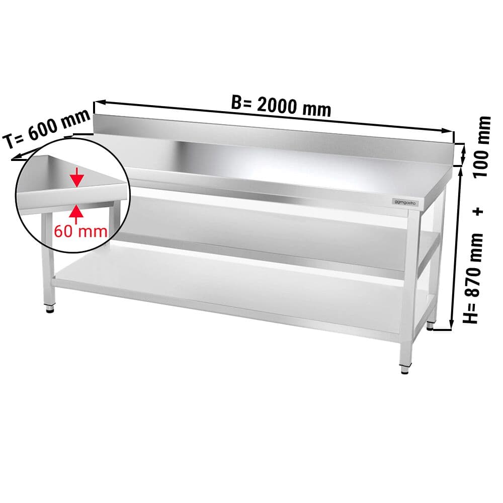 Edelstahl Arbeitstisch PREMIUM - 2000x600mm - mit Grundboden, Aufkantung & Zwischenboden