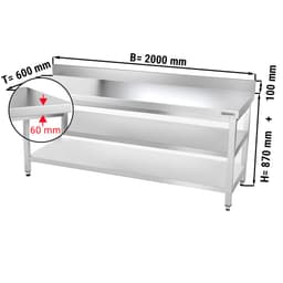 Edelstahl Arbeitstisch PREMIUM - 2000x600mm - mit Grundboden, Aufkantung & Zwischenboden