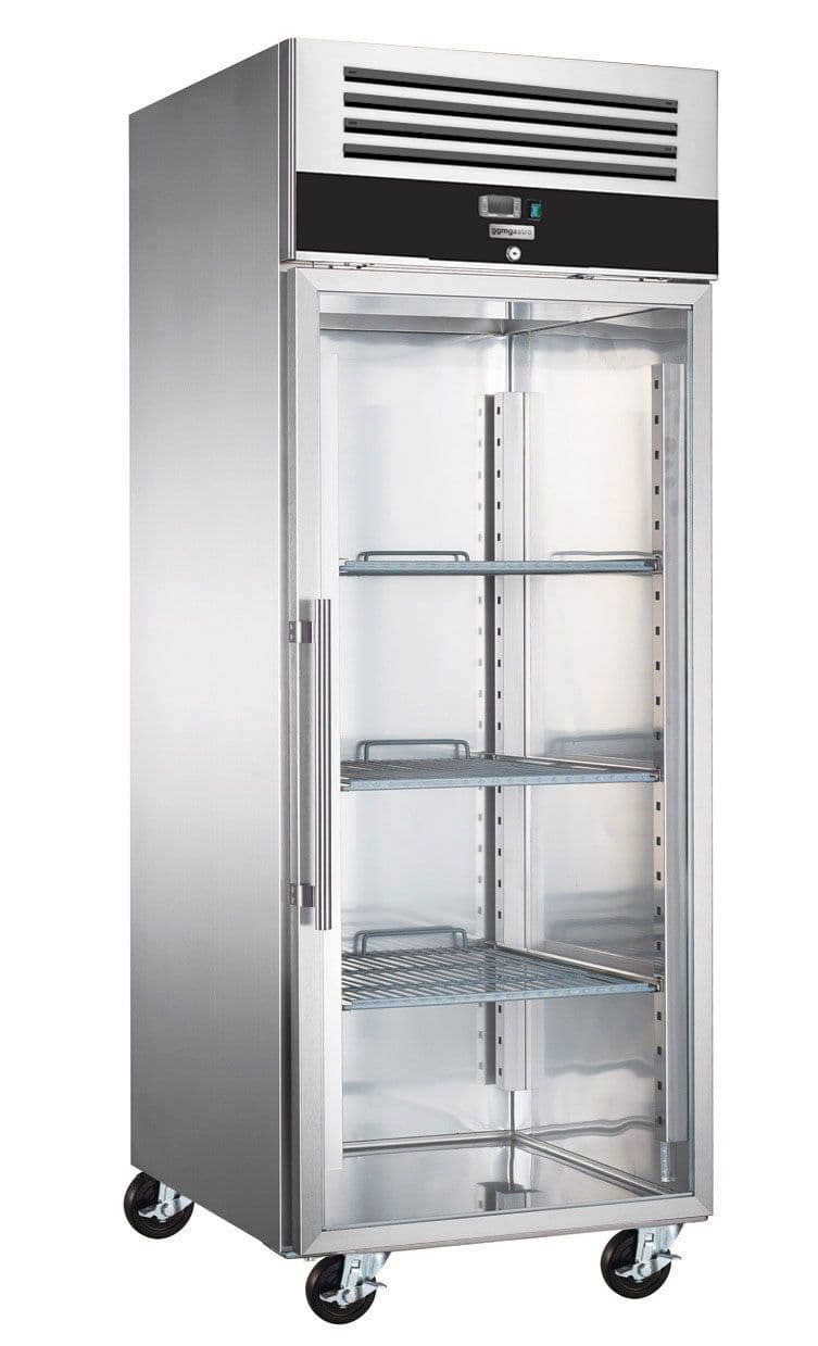 Bäckerei-Tiefkühlschrank Edelstahl PREMIUM - EN 60x80 - 600 - Liter - 1 Glastür, Schienen & Tragroste