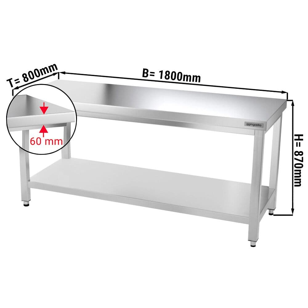 Edelstahl Arbeitstisch PREMIUM - 1800x800mm - mit Grundboden ohne Aufkantung