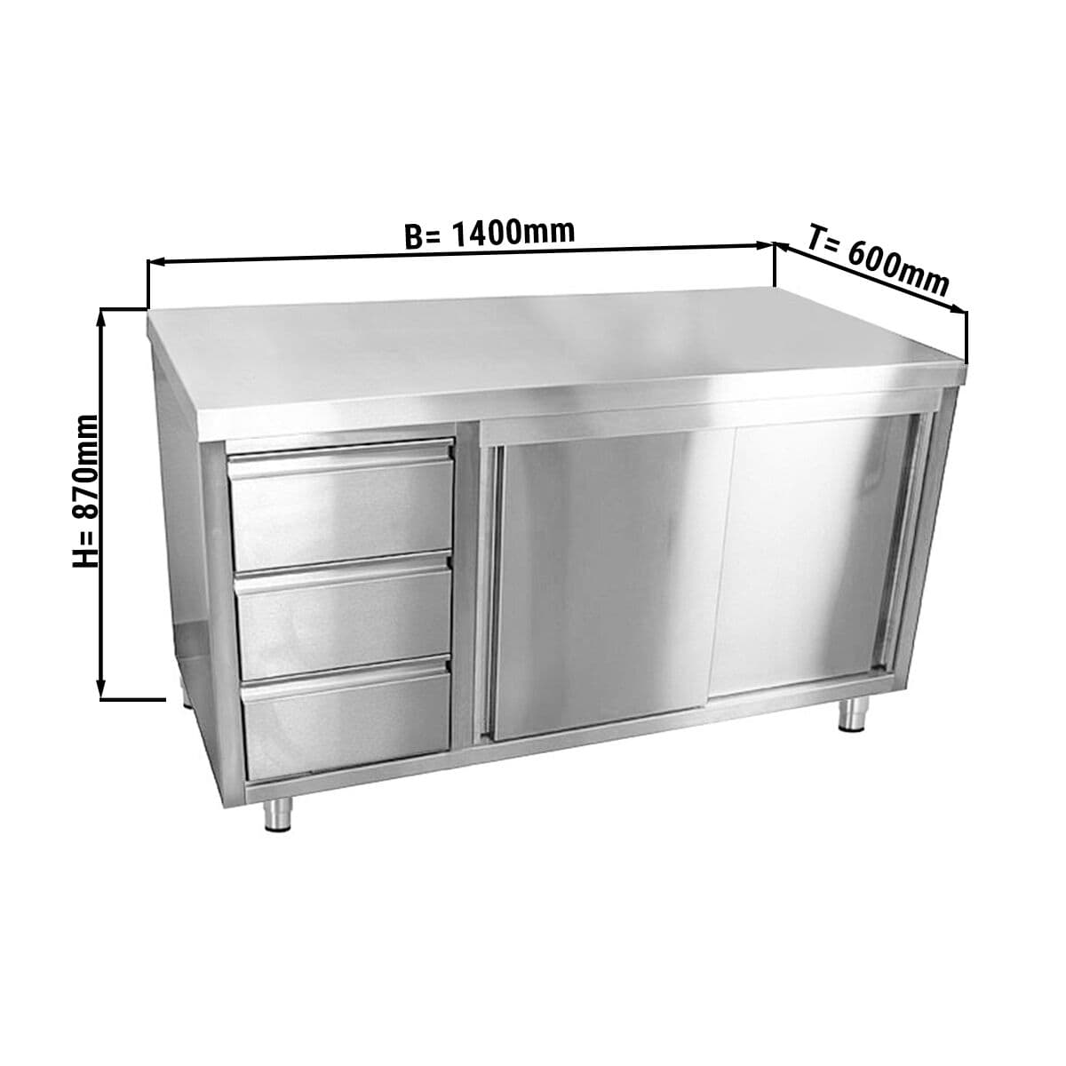 Edelstahl Arbeitsschrank ECO - 1400x600mm - mit 3 Schubladen links ohne Aufkantung