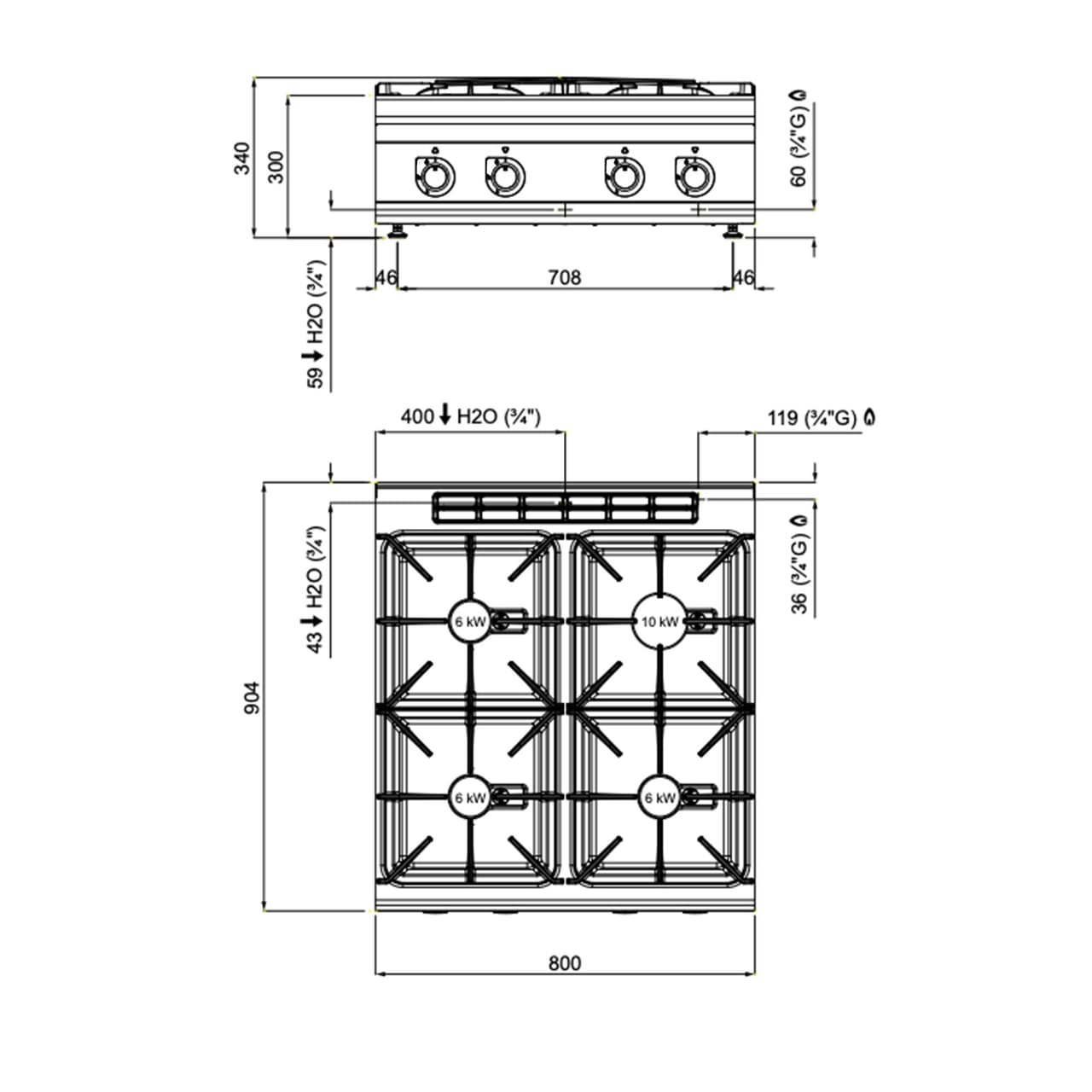 Gasherd - mit 4 Brennern - 28 kW