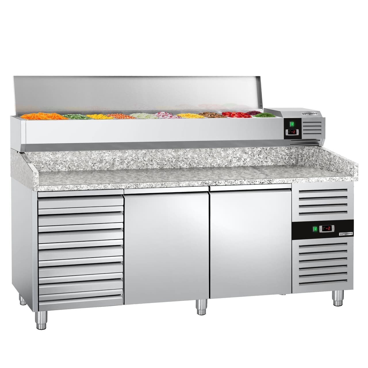 Pizzakühltisch PREMIUM - 2000x800mm - mit 2 Türen & 7 Schubladen - inkl. Kühlaufsatzvitrine - 9x GN 1/3