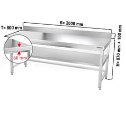 Edelstahl Arbeitstisch PREMIUM - 2000x800mm - mit Grundboden, Aufkantung & Verstrebung