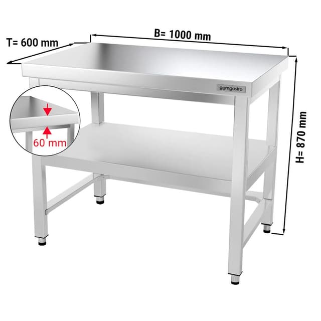 Edelstahl Arbeitstisch PREMIUM - 1000x600mm - mit Grundboden & Verstrebung