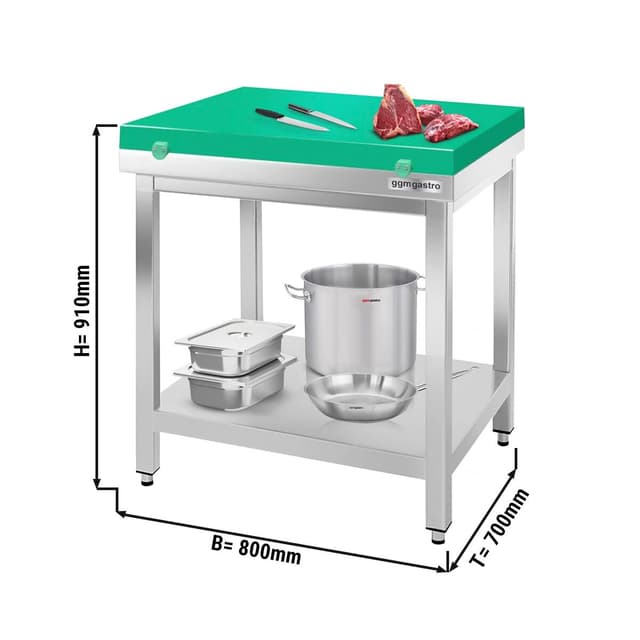 Edelstahl Arbeitstisch PREMIUM - 800x700mm - mit Grundboden ohne Aufkantung inkl. Schneideplatte