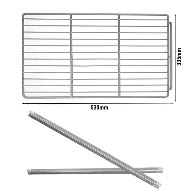 Edelstahlschienen 1xlinks und 1xrechts (560mm) mit Plastifiziertes Tragrost - GN 1/1 - 335 x 530 mm