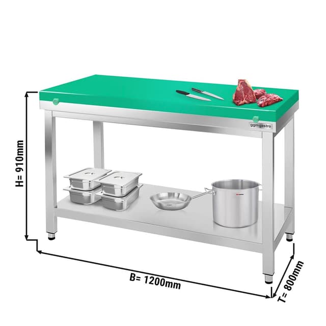 Edelstahl Arbeitstisch PREMIUM - 1200x800mm - mit Grundboden ohne Aufkantung inkl. Schneideplatte