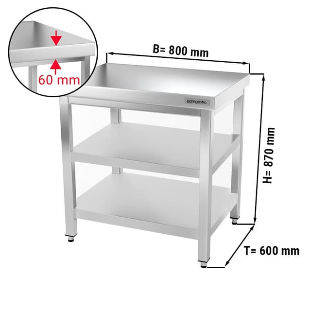 Edelstahl Arbeitstisch PREMIUM - 800x600mm - mit Grundboden & Zwischenboden