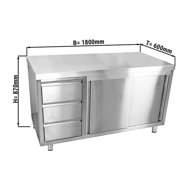 Edelstahl Arbeitsschrank ECO - 1800x600mm - mit 3 Schubladen links ohne Aufkantung