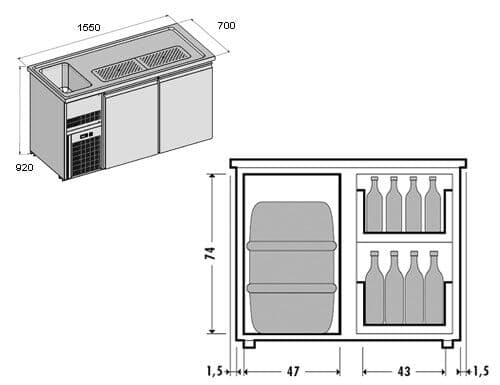 Biertheke Premium PLUS - 1550x700mm - 1 Glastür & 3 Schubladen