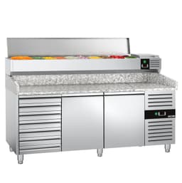 Pizzakühltisch PREMIUM - 2000x800mm - mit 2 Türen & 7 Schubladen - inkl. Kühlaufsatzvitrine - 10x GN 1/4