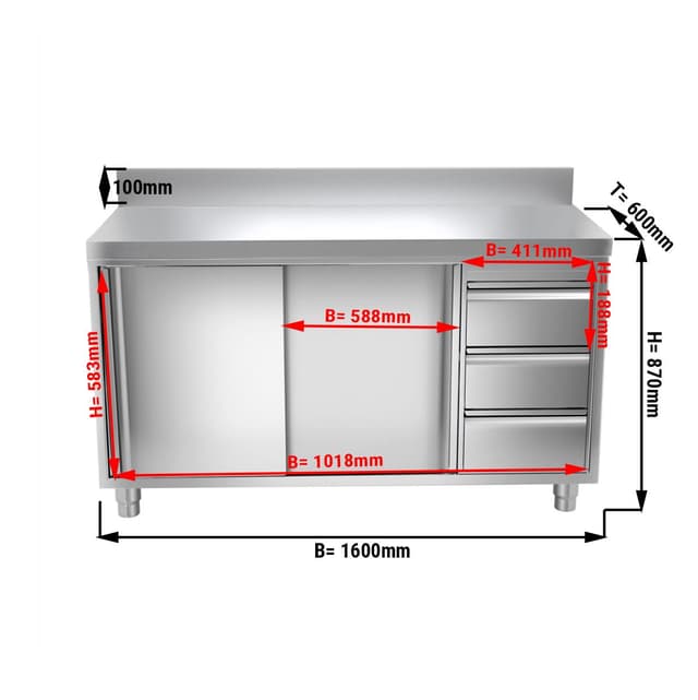 Edelstahl Arbeitsschrank PREMIUM - 1600x600mm - mit 3 Schubladen rechts & Aufkantung