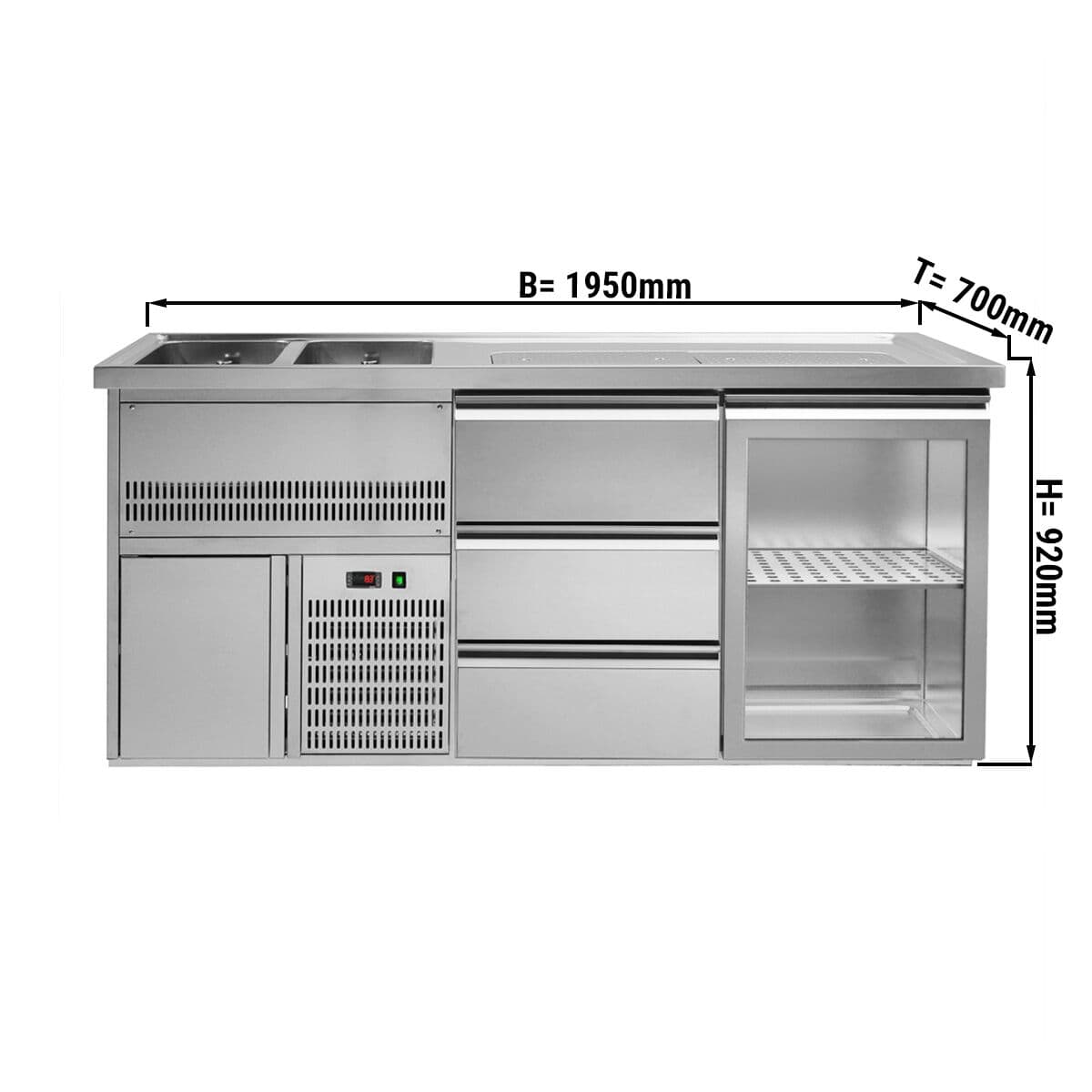 Biertheke Premium PLUS - 1950x700mm - 1 Glastür & 3 Schubladen