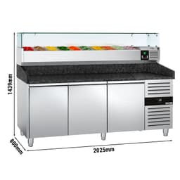 Pizzakühltisch PREMIUM - 2000x800mm - mit 3 Türen - inkl. Kühlaufsatzvitrine - 10x GN 1/4