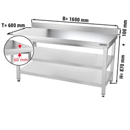 Edelstahl Arbeitstisch PREMIUM - 1600x600mm - mit Grundboden, Aufkantung & Zwischenboden