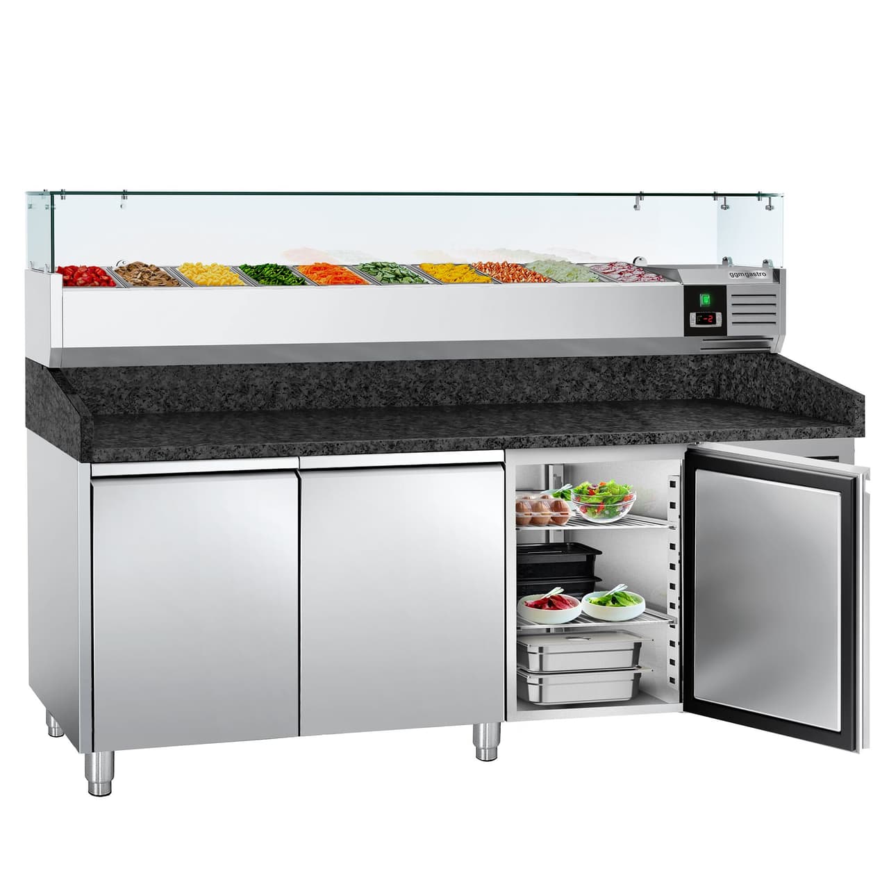 Pizzakühltisch PREMIUM - 2000x800mm - mit 3 Türen - inkl. Kühlaufsatzvitrine - 9x GN 1/3