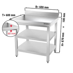 Edelstahl Arbeitstisch PREMIUM - 600x600mm - mit Grundboden, Aufkantung & Zwischenboden