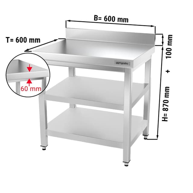 Edelstahl Arbeitstisch PREMIUM - 600x600mm - mit Grundboden, Aufkantung & Zwischenboden