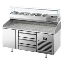 Pizzakühltisch Premium PLUS - 1490x700mm - mit 1 Tür & 3 Schubladen - inkl. Kühlaufsatzvitrine - 6x GN 1/4