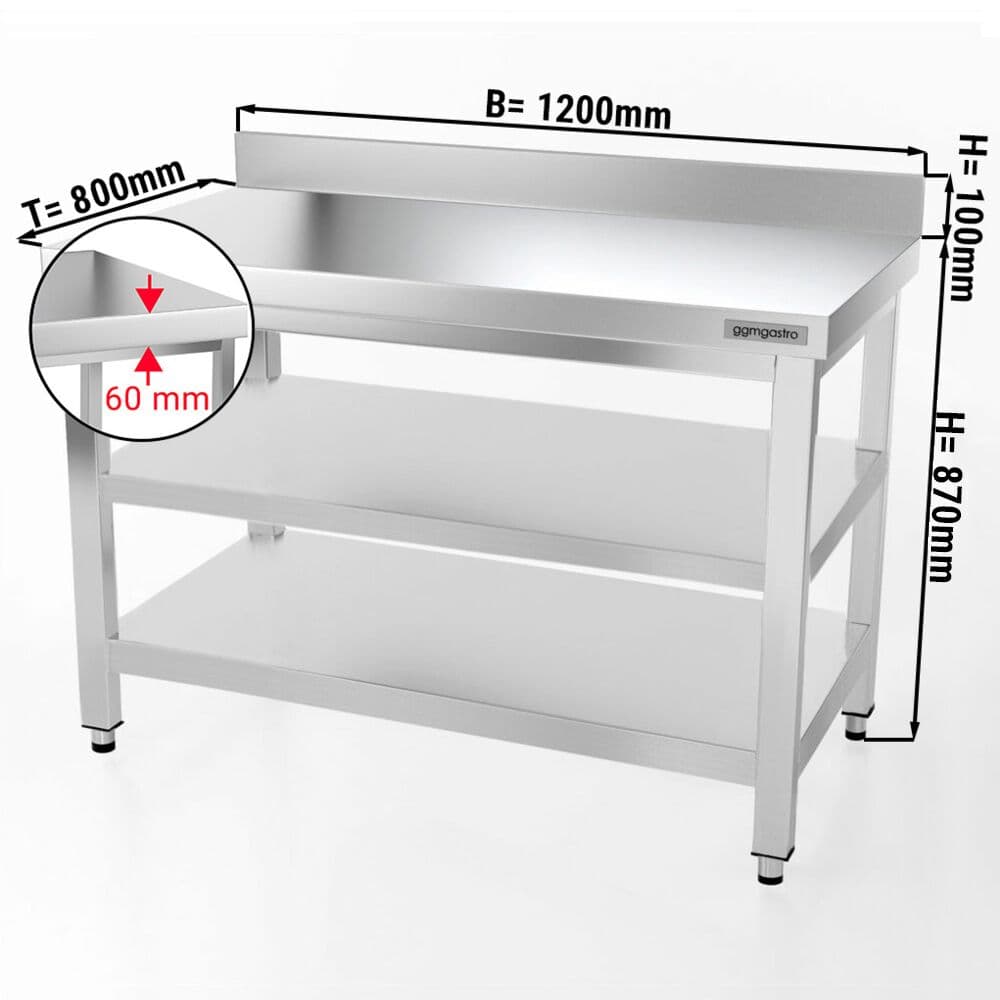 Edelstahl Arbeitstisch PREMIUM - 1200x800mm - mit Grundboden, Aufkantung & Zwischenboden