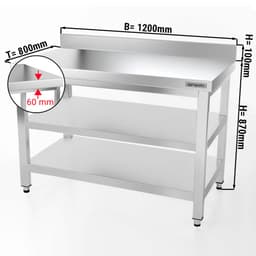 Edelstahl Arbeitstisch PREMIUM - 1200x800mm - mit Grundboden, Aufkantung & Zwischenboden