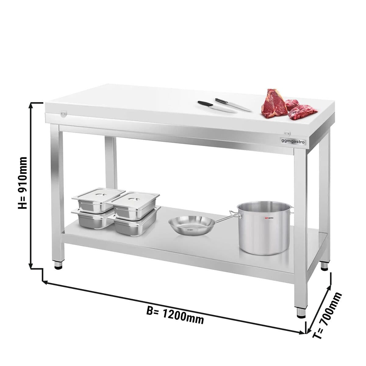 Edelstahl Arbeitstisch PREMIUM - 1200x700mm - mit Grundboden ohne Aufkantung inkl. Schneideplatte