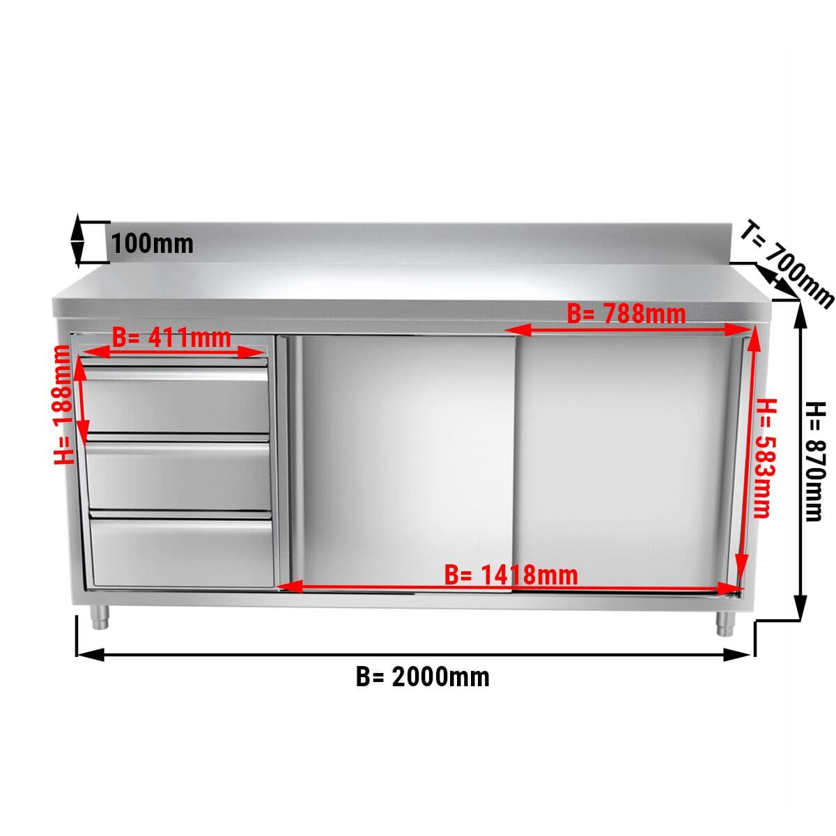 Edelstahl Arbeitsschrank PREMIUM - 2000x700mm - mit 3 Schubladen links & Aufkantung