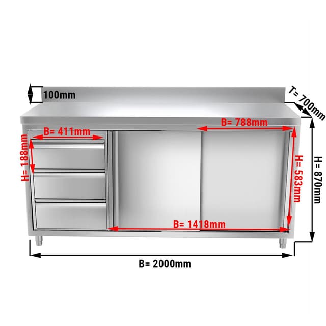 Edelstahl Arbeitsschrank PREMIUM - 2000x700mm - mit 3 Schubladen links & Aufkantung